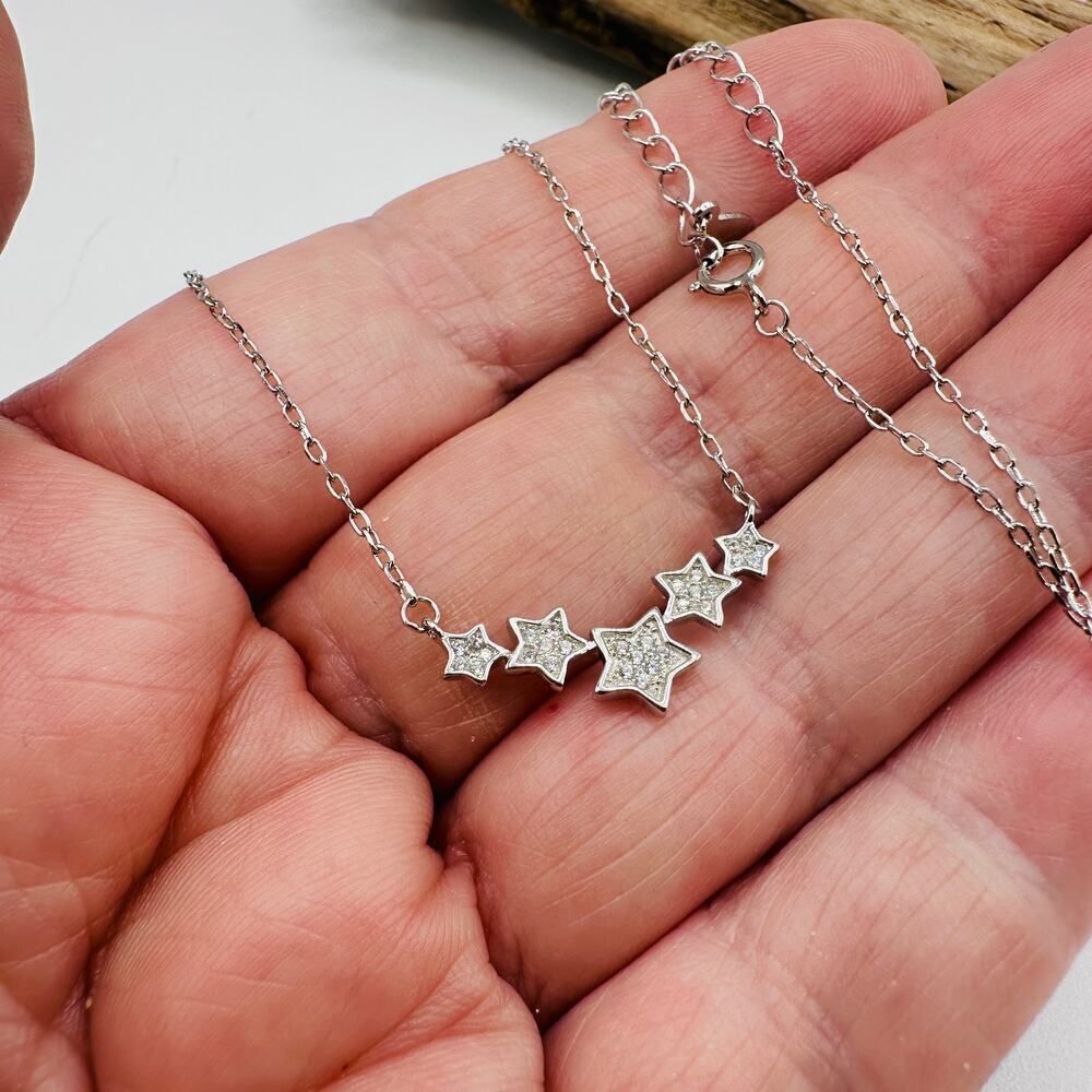 Sterling Silver Five-Star Necklace-Cubic Zirconia-Adjustable